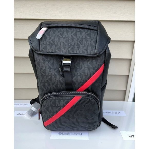 Michael Kors Cooper Embossed Faux Leather and Logo Stripe Backpack - Black - Picture 1 of 12